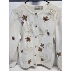 Craft & Barrow Cream Leaf Embroidered wool blend Button Up Cardigan Sweater sz L